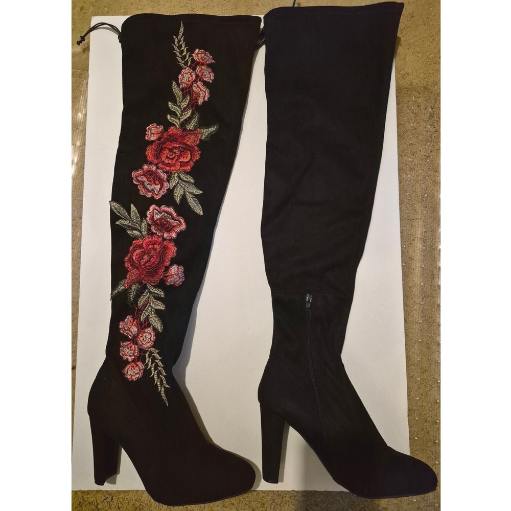 Over the Knee Floral Embroidered Boots 10 Black Faux Suede Block Heel